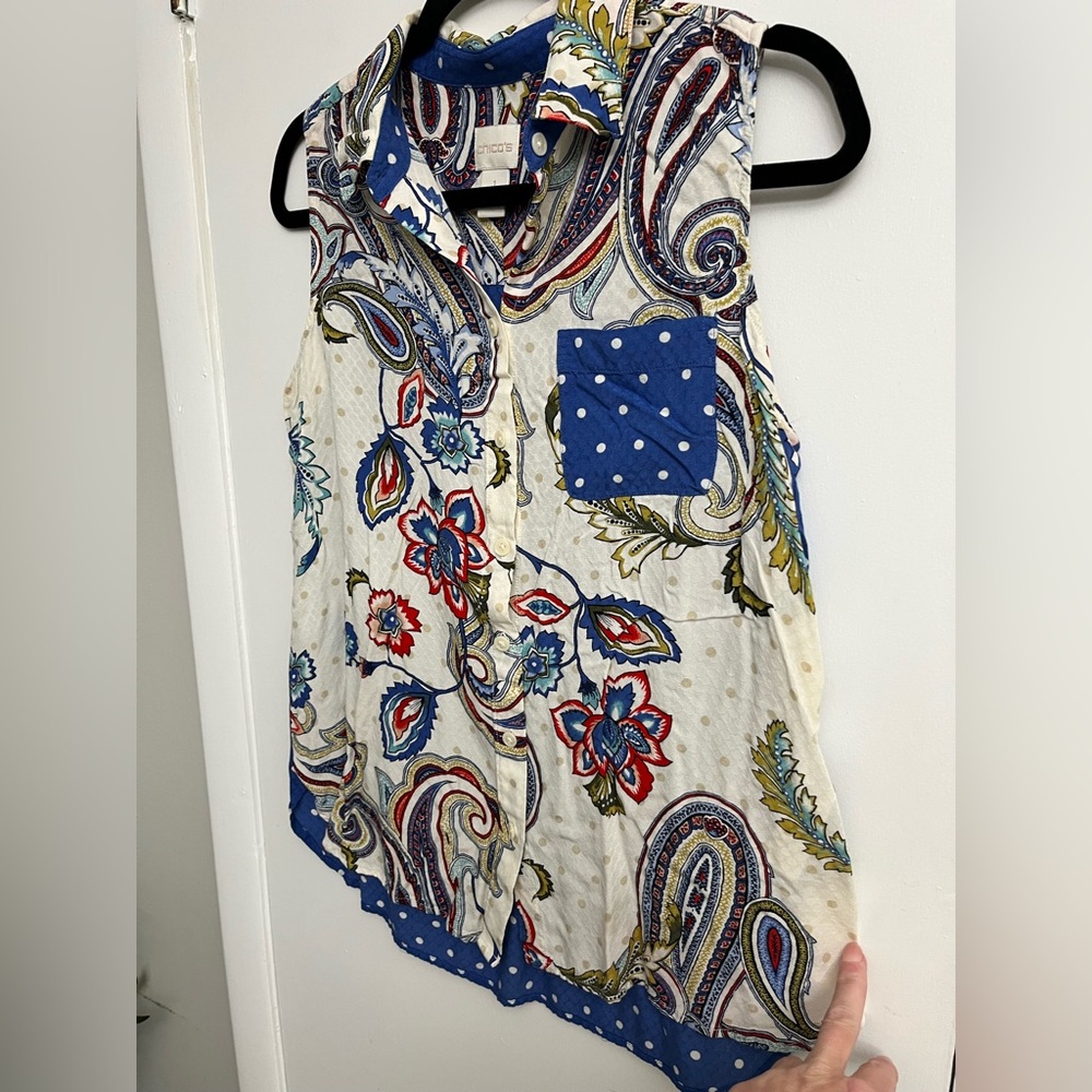 Chico's Multicolored Paisley and Floral Print Sleeveless Button Down Blouse - Picture 3 of 14